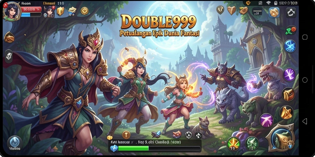 Screenshot utama DOUBLE999 menampilkan aksi pertarungan seru di dunia fantasi.