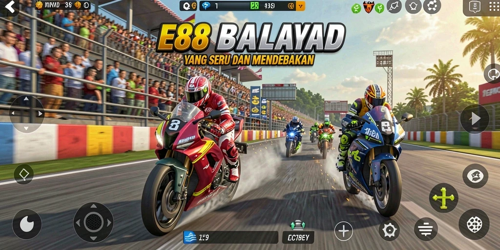 Gameplay seru balapan motor di E88 dengan trek yang menantang.