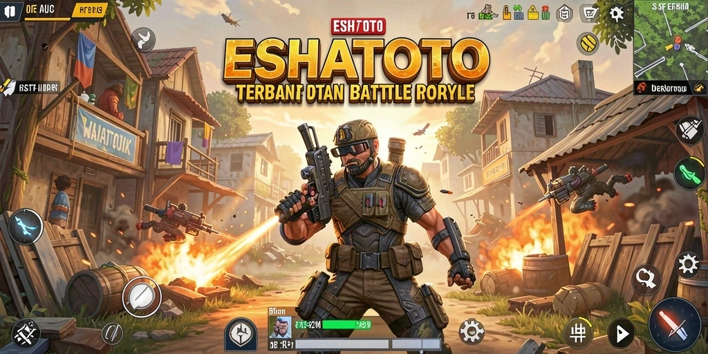 Screenshot ESHATOTO menunjukkan aksi pertempuran intens dalam mode Battle Royale.