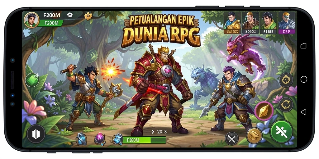 Screenshot gameplay F200M menampilkan pertarungan epik dengan efek visual yang menakjubkan.
