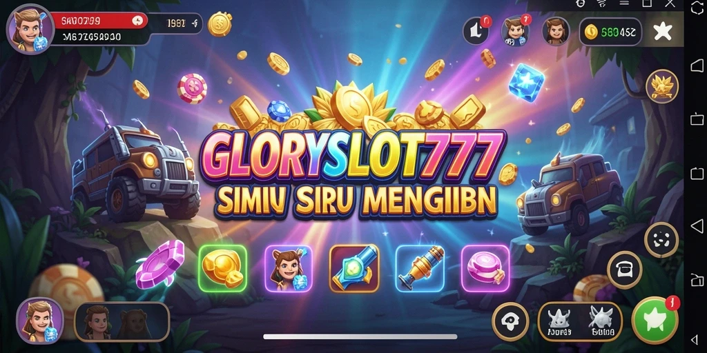 Tangkapan layar utama gameplay GLORYSLOT777 menampilkan efek visual menarik dan mesin slot yang seru.