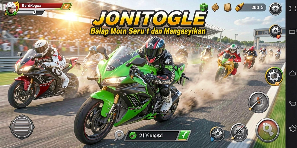 Screenshot gameplay JONITOGEL dengan aksi balap motor yang intens.