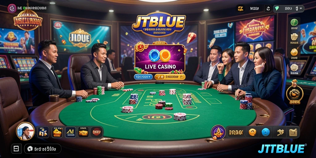 Screenshot gameplay JTBLUE yang menggambarkan dealer profesional dan interaksi real-time.
