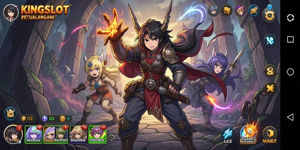 Tangkapan layar gameplay KINGSLOT yang penuh aksi dan karakter anime.