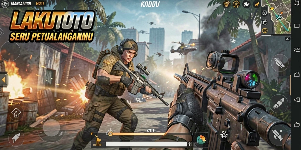 Screenshot utama LAKUTOTO yang menunjukkan aksi gameplay FPS yang cepat.