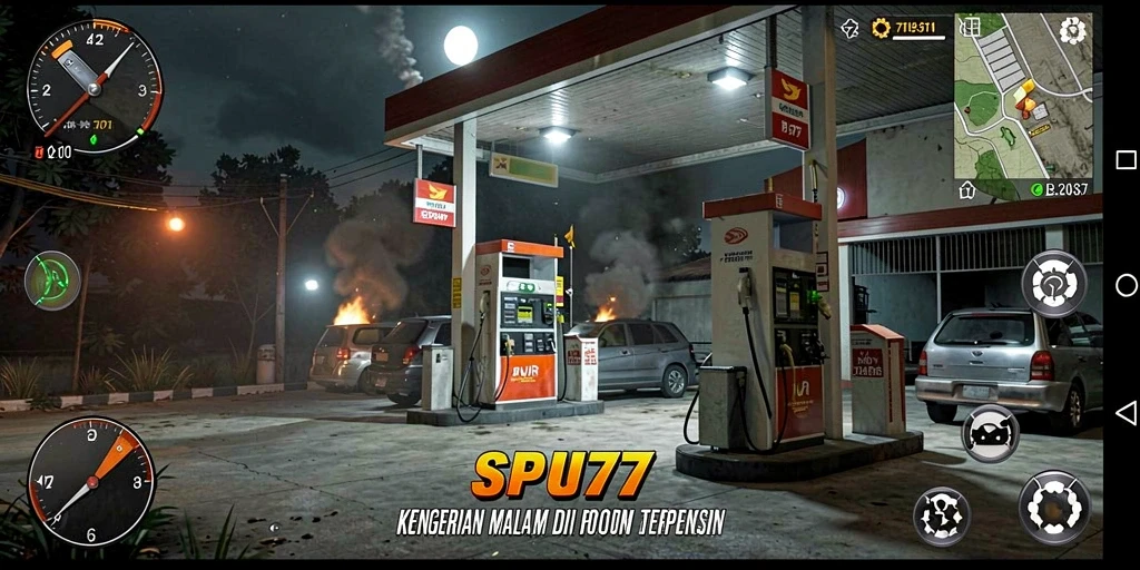 Screenshot gameplay SPBU77 yang menampilkan suasana horor yang mencekam.